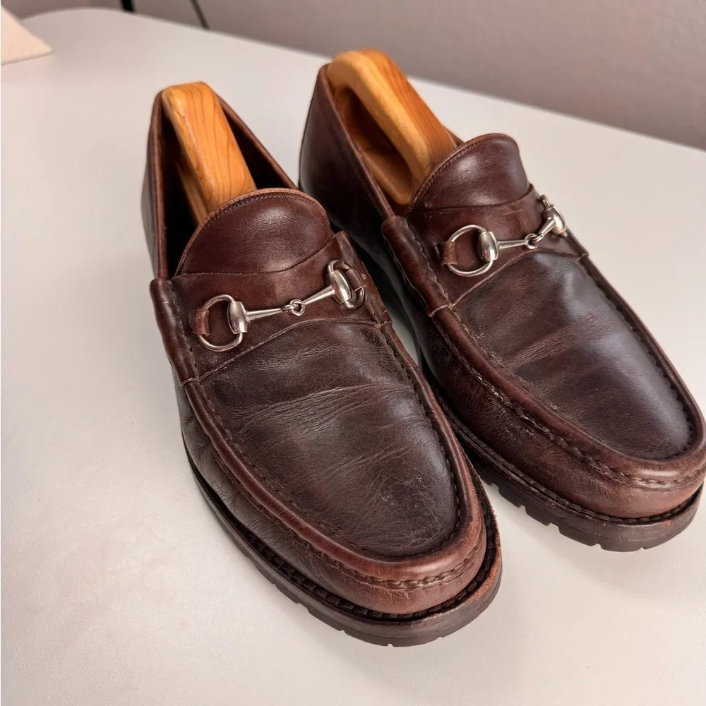 Gucci Horsebit Men's Brown Leather Silver Tone Metal Loafers Shoes 10.5